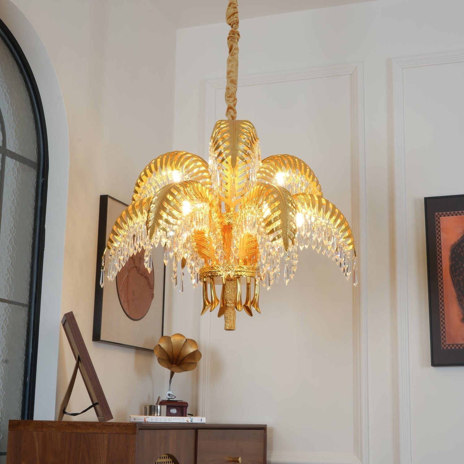 Italian Style Brass Palm Leaf Crystal Chandelier Vintage Flush Mount Ceiling Lamp