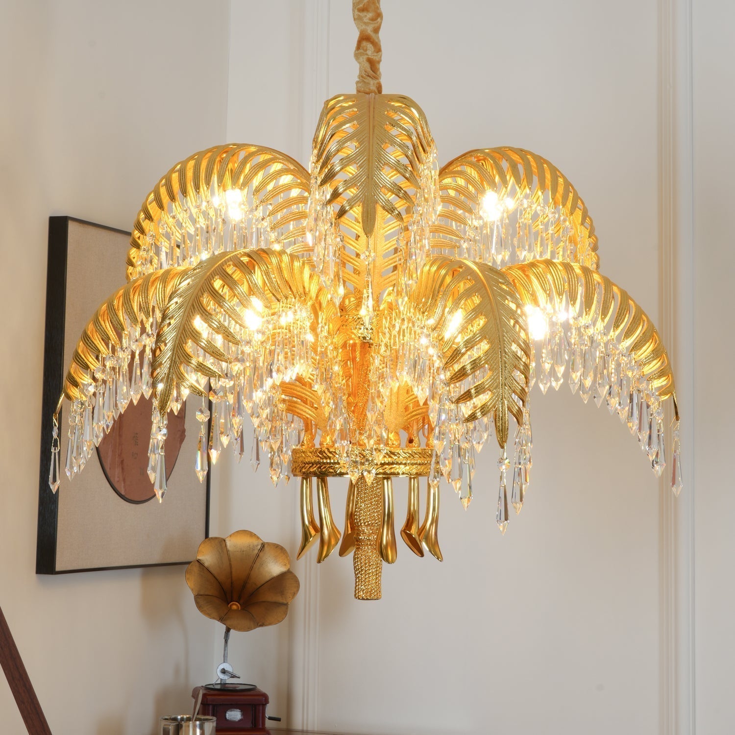 Italian Style Brass Palm Leaf Crystal Chandelier Vintage Flush Mount Ceiling Lamp