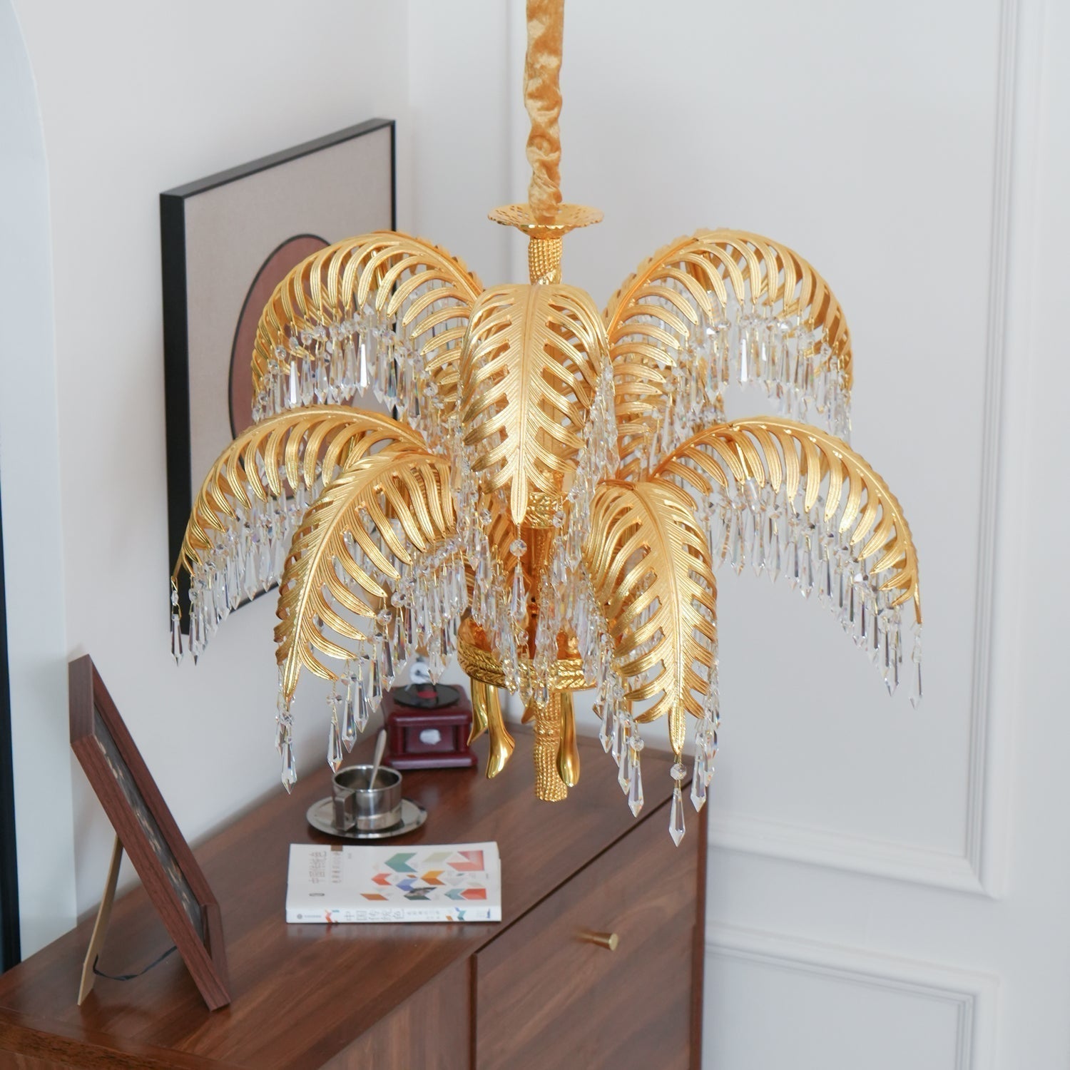 Italian Style Brass Palm Leaf Crystal Chandelier Vintage Flush Mount Ceiling Lamp
