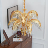 Italian Style Brass Palm Leaf Crystal Chandelier Vintage Flush Mount Ceiling Lamp