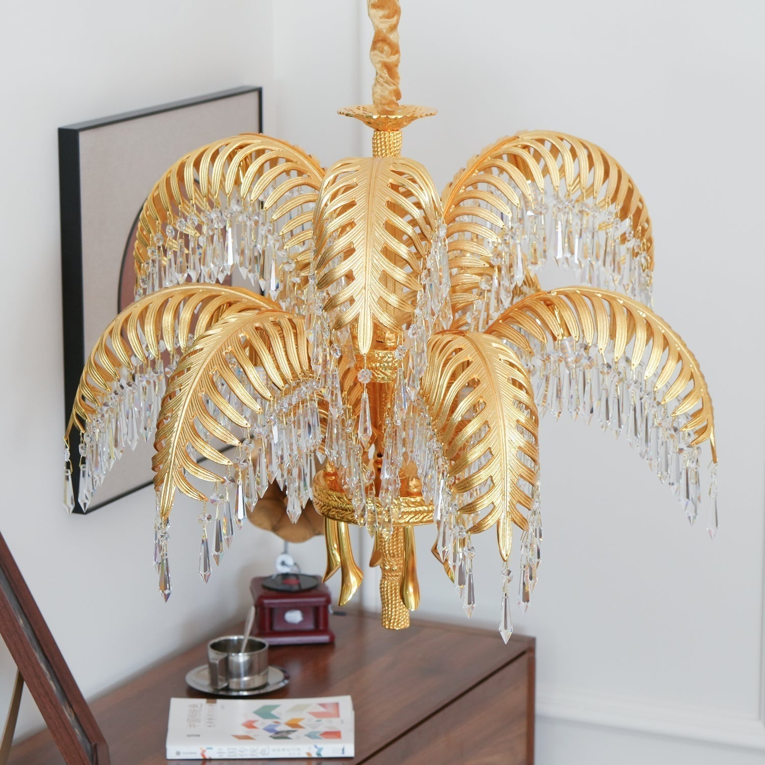 Italian Style Brass Palm Leaf Crystal Chandelier Vintage Flush Mount Ceiling Lamp