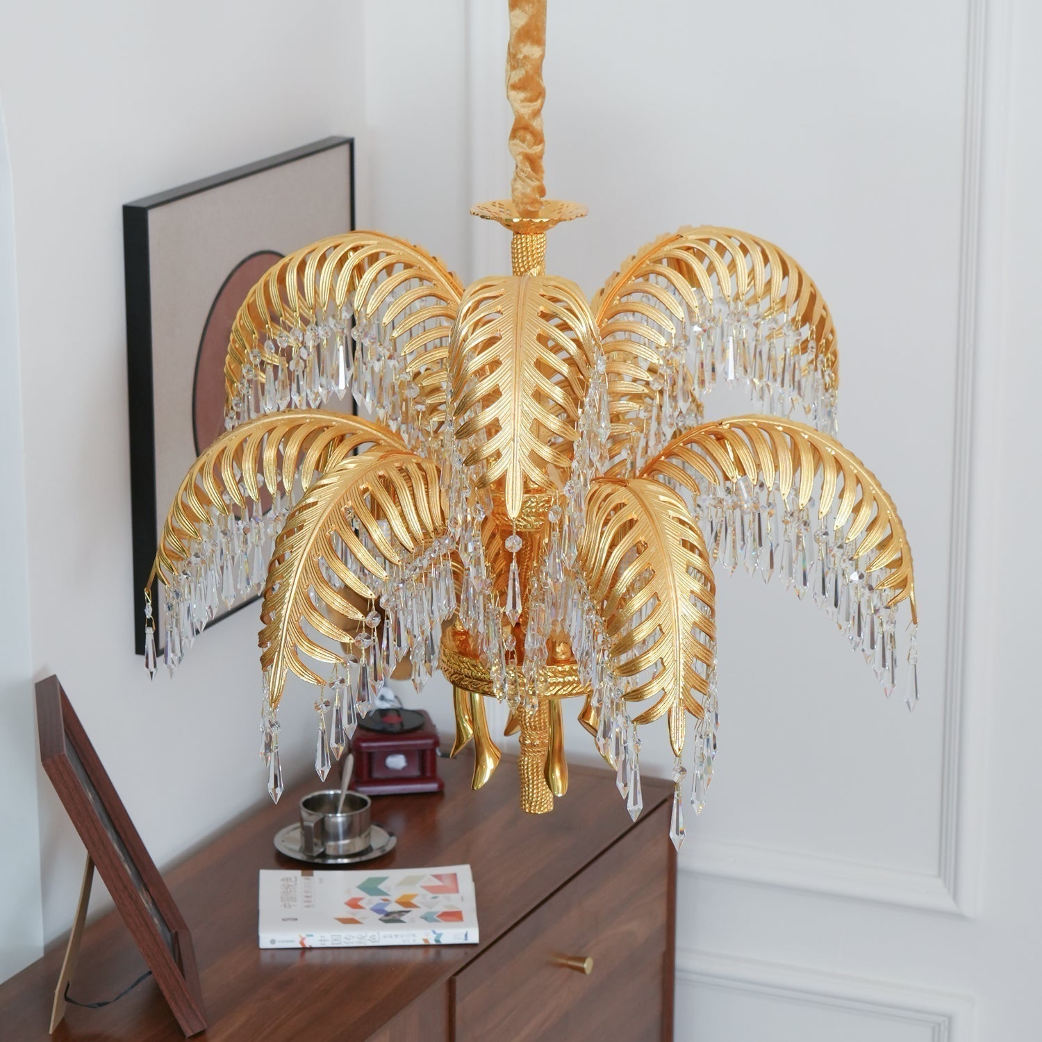 Italian Style Brass Palm Leaf Crystal Chandelier Vintage Flush Mount Ceiling Lamp