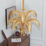 Italian Style Brass Palm Leaf Crystal Chandelier Vintage Flush Mount Ceiling Lamp