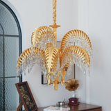 Italian Style Brass Palm Leaf Crystal Chandelier Vintage Flush Mount Ceiling Lamp