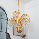 Italian Style Brass Palm Leaf Crystal Chandelier Vintage Flush Mount Ceiling Lamp