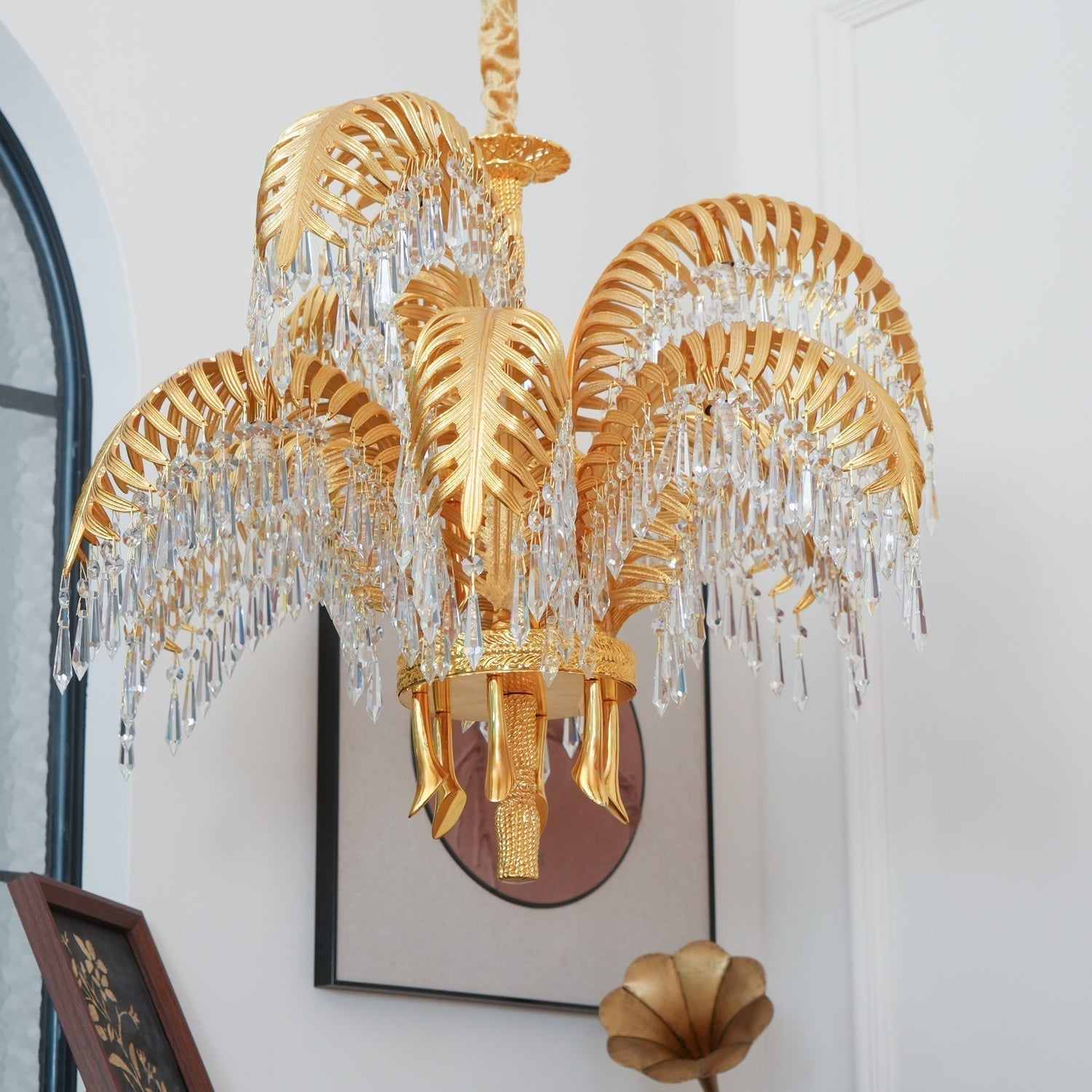 Italian Style Brass Palm Leaf Crystal Chandelier Vintage Flush Mount Ceiling Lamp