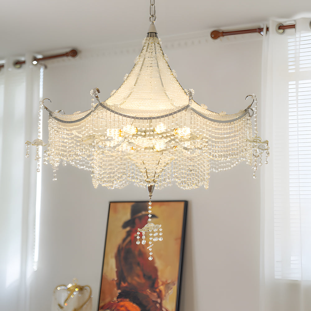 Italian Style Crystal Tassel Pagoda Chandelier Chrome Pendant Light with 3 Color Dimming