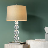 Modern Stacked Crystal Sphere Table Lamp 25 Inch Height with White Linen Drum Shade