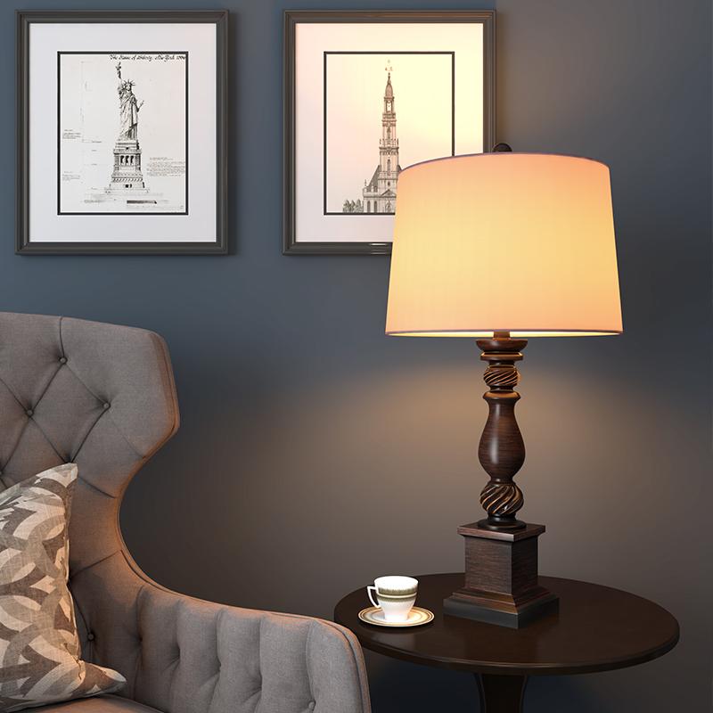 24 Inch Traditional Rustic Bronze Resin Table Lamp with Fabric Drum Shade