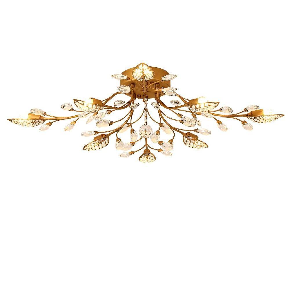 Vintage Antique Brass Leaf Crystal Branch Semi Flush Mount Ceiling Light 8 Light LED Chandelier