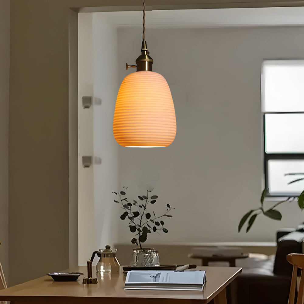 Japanese Style Handmade Ceramic Pendant Light with Round Striped Shade and Brass Base
