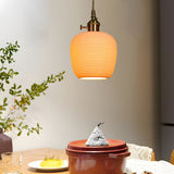 Japanese Style Handmade Ceramic Pendant Light with Round Striped Shade and Brass Base