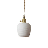 Japanese Style Handmade Ceramic Pendant Light with Round Striped Shade and Brass Base