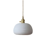 Japanese Style Handmade Ceramic Pendant Light with Round Striped Shade and Brass Base