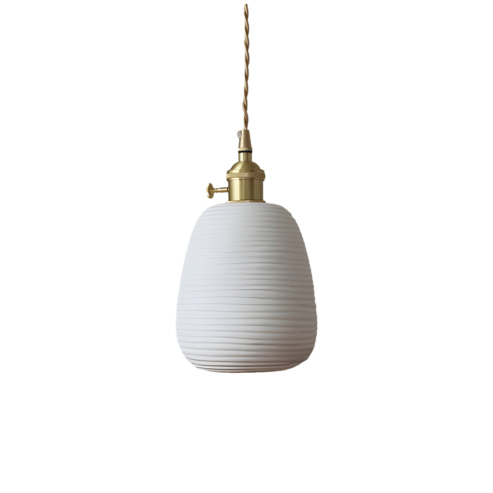Japanese Style Handmade Ceramic Pendant Light with Round Striped Shade and Brass Base