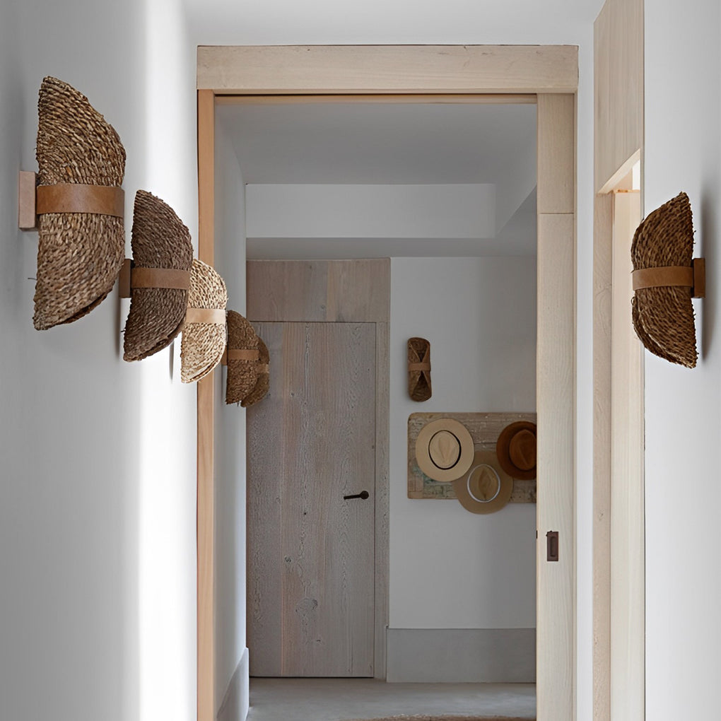 Japanese Style Handwoven Rattan Wood LED Wall Sconce Up and Down Lighting Fixture