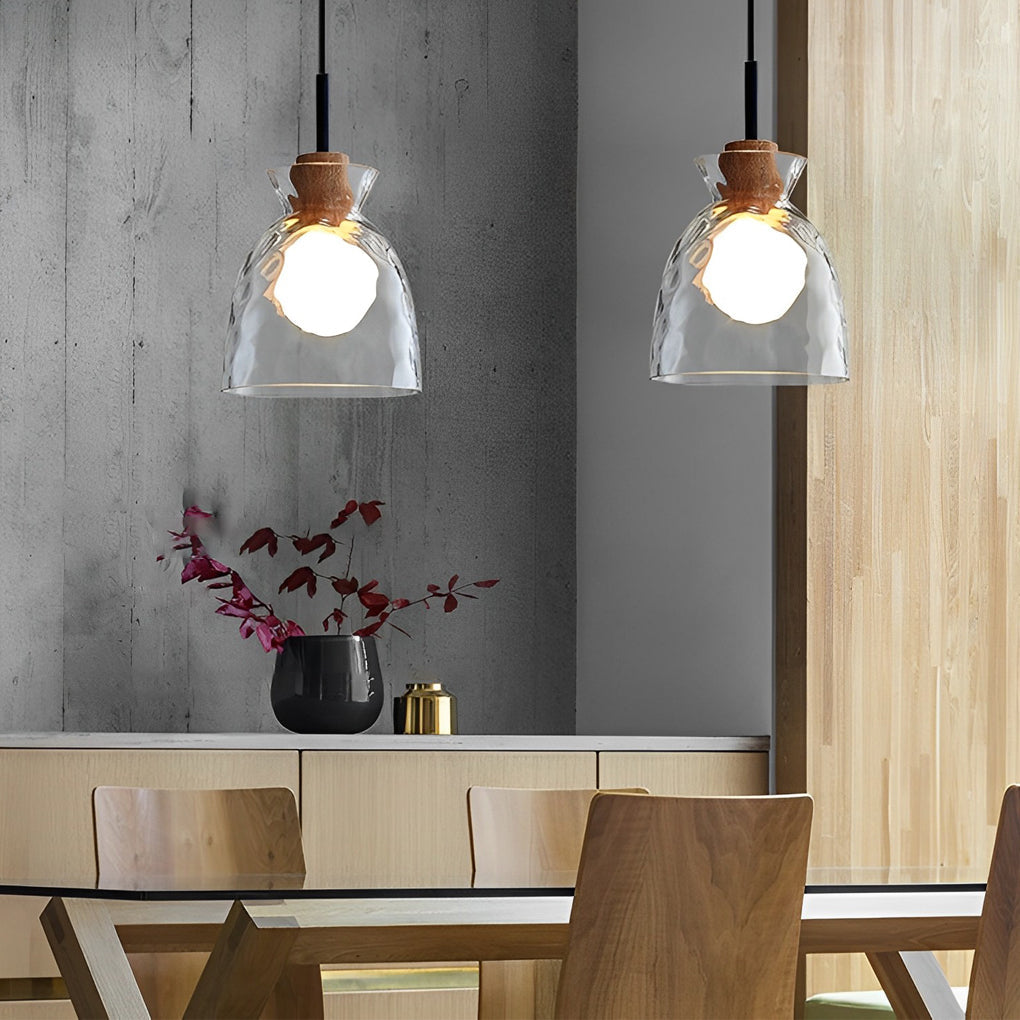 Japanese Style Round Glass and Wood Pendant Light Minimalist Small Chandelier Ceiling Lamp