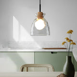 Japanese Style Round Glass and Wood Pendant Light Minimalist Small Chandelier Ceiling Lamp