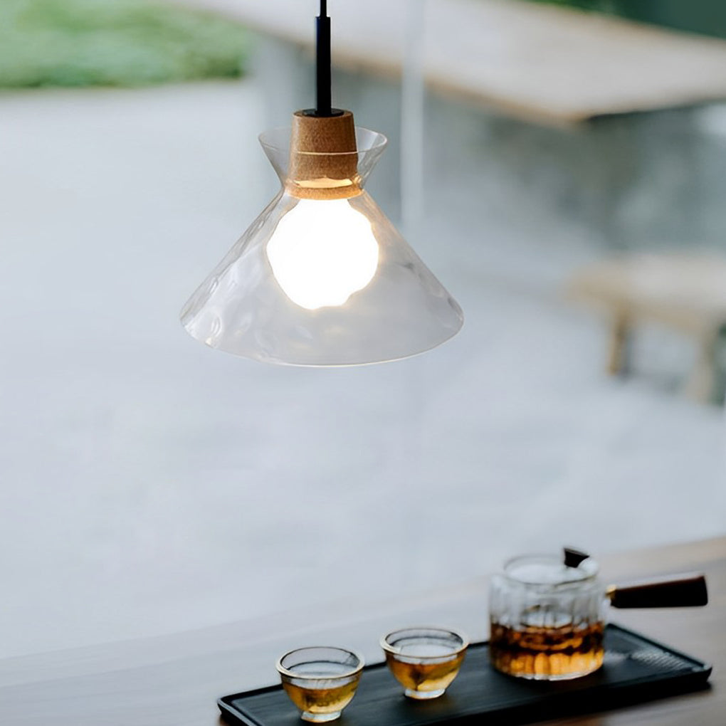 Japanese Style Round Glass and Wood Pendant Light Minimalist Small Chandelier Ceiling Lamp