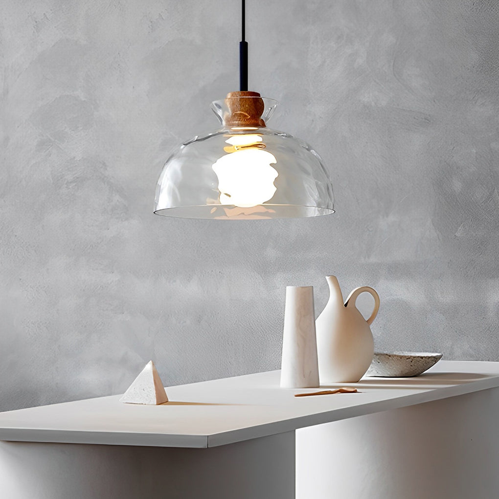 Japanese Style Round Glass and Wood Pendant Light Minimalist Small Chandelier Ceiling Lamp