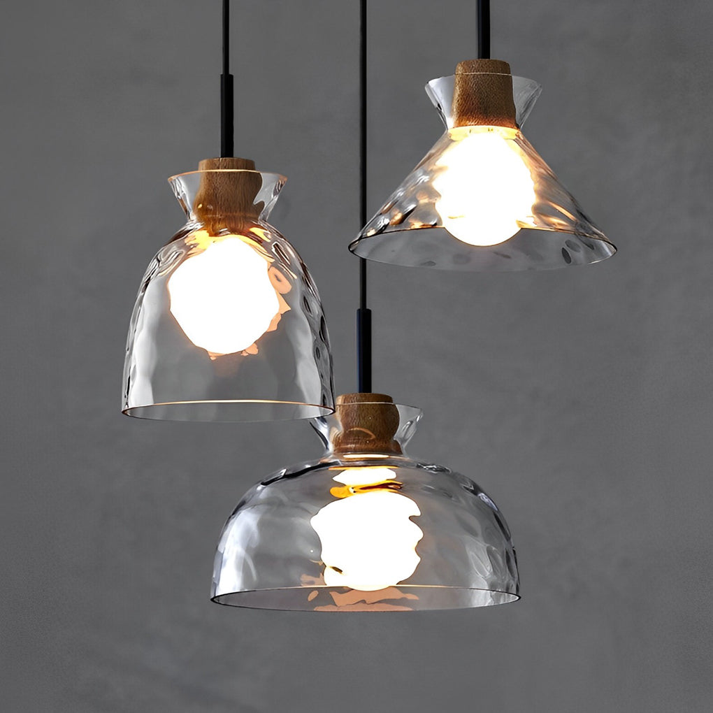 Japanese Style Round Glass and Wood Pendant Light Minimalist Small Chandelier Ceiling Lamp