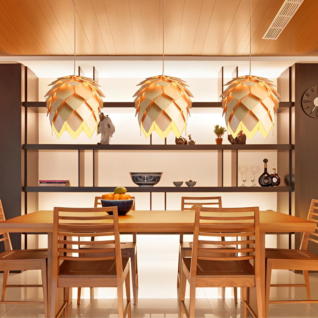 Japanese Style Wooden Pine Cone LED Chandelier Rustic Modern Hanging Pendant Light Fixture
