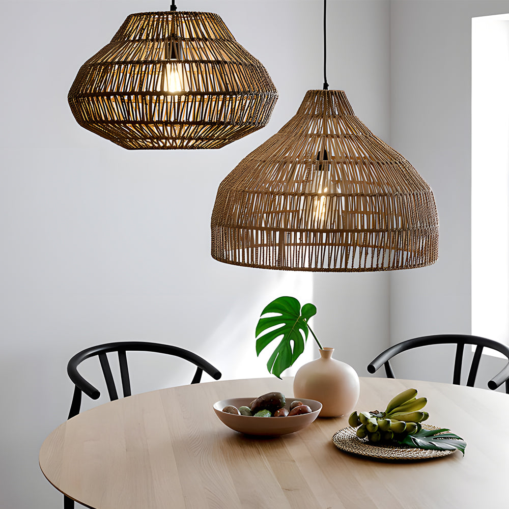 Japanese Style Woven Rattan Chandelier Rustic Modern Wicker Pendant Light for Dining Room