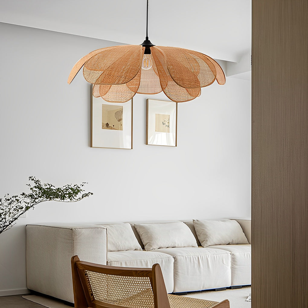 Japanese Style Woven Rattan Flower Petal Chandelier Three Color Dimming LED Pendant Lamp