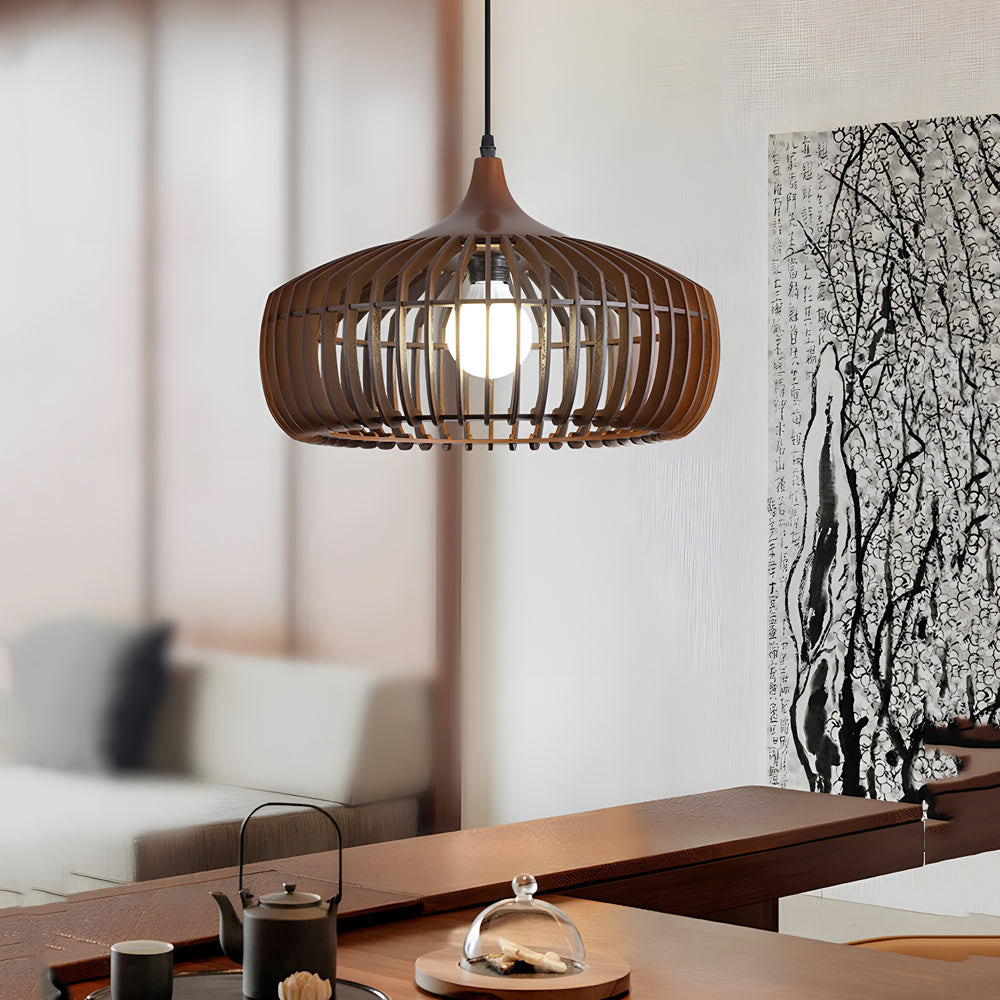 Japanese Zen Wood Cage Pendant Light for Modern Dining Room and Kitchen Island