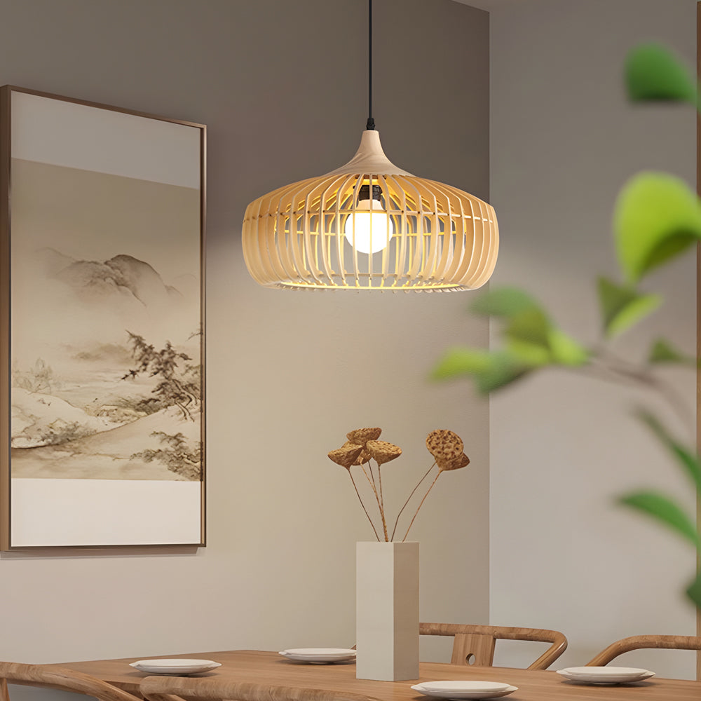 Japanese Zen Wood Cage Pendant Light for Modern Dining Room and Kitchen Island