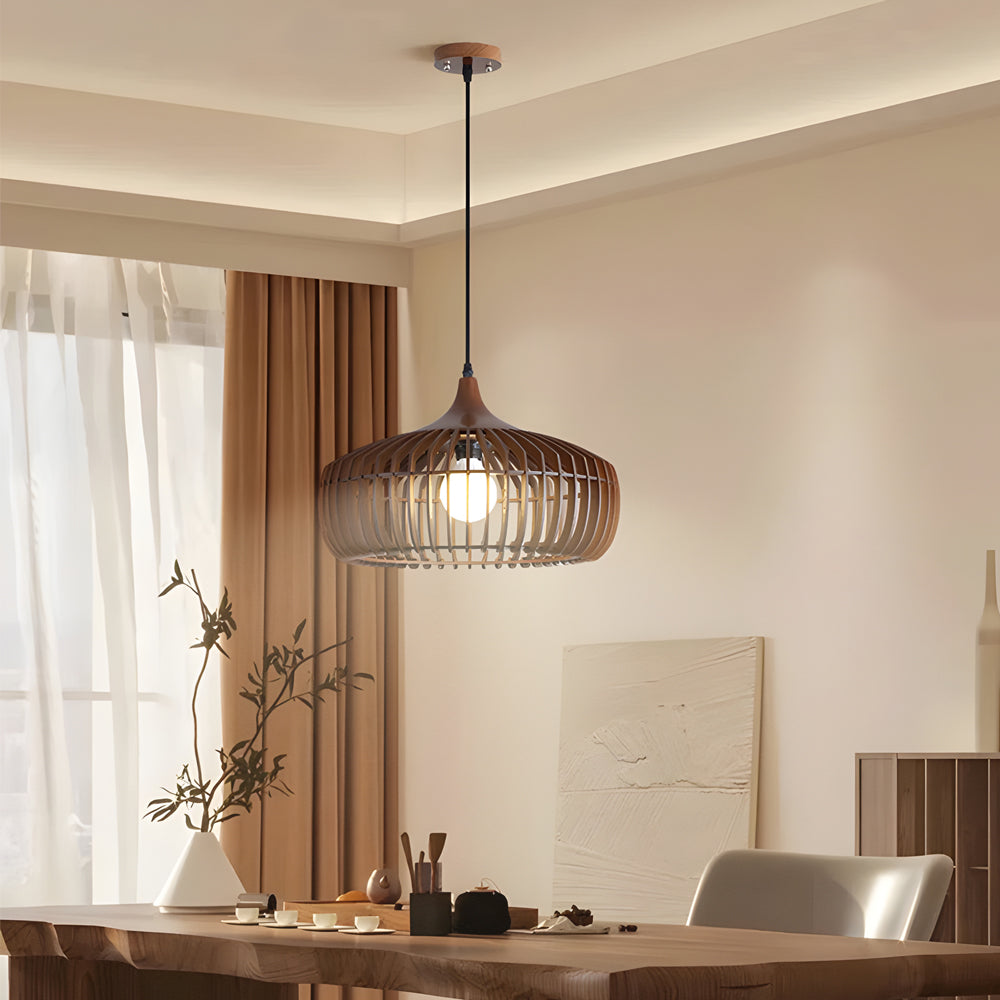 Japanese Zen Wood Cage Pendant Light for Modern Dining Room and Kitchen Island