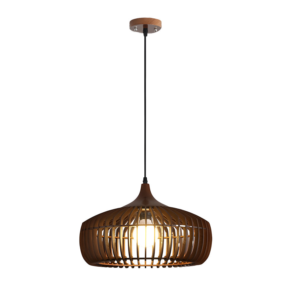 Japanese Zen Wood Cage Pendant Light for Modern Dining Room and Kitchen Island