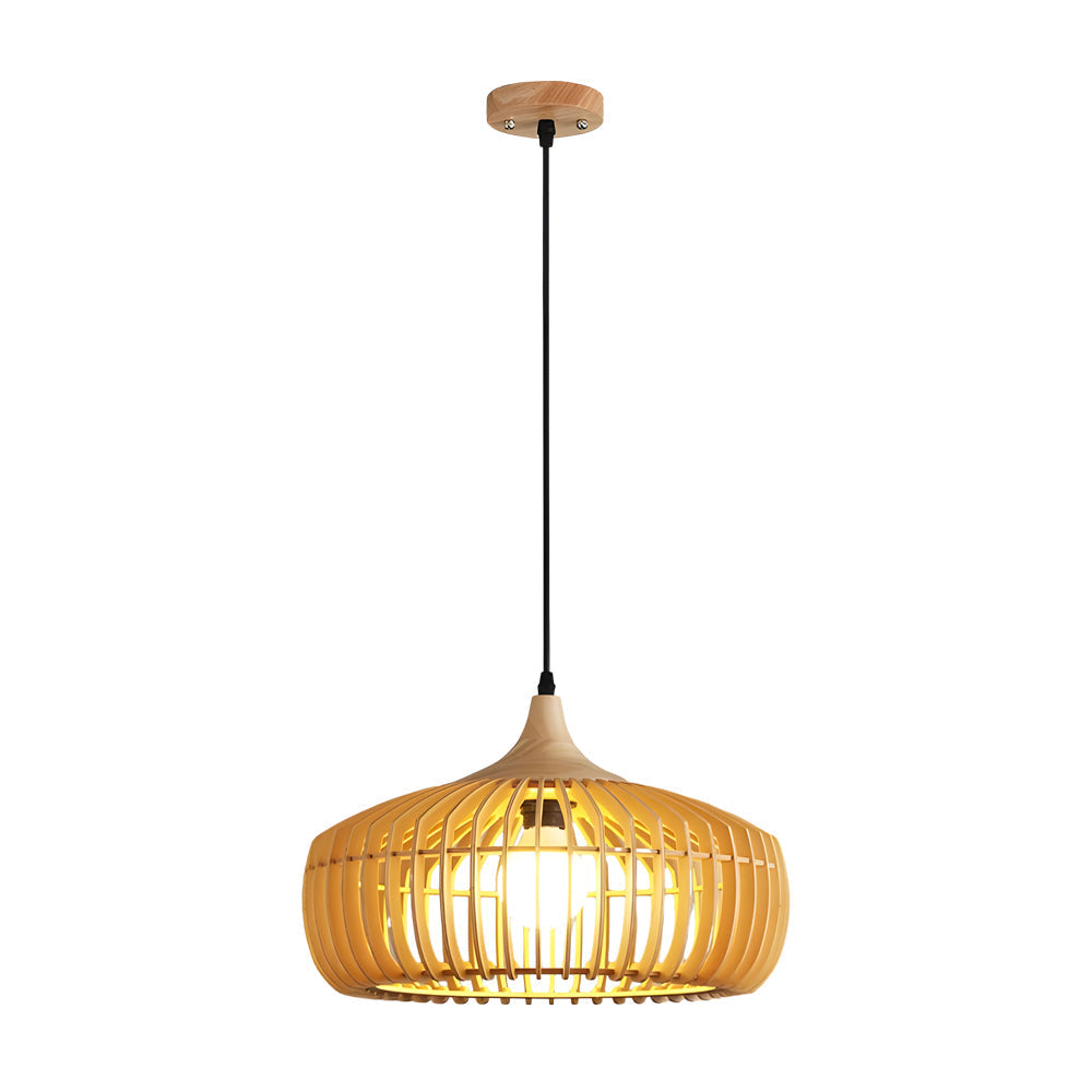 Japanese Zen Wood Cage Pendant Light for Modern Dining Room and Kitchen Island