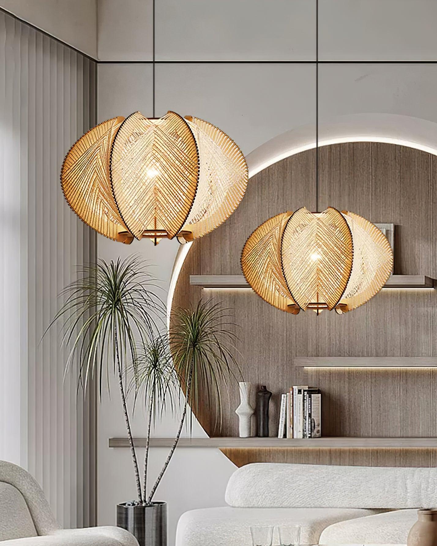 Java Natural Wood Geometric Pendant Lamp Handcrafted Ceiling Light Fixture for Indoor Home Decor