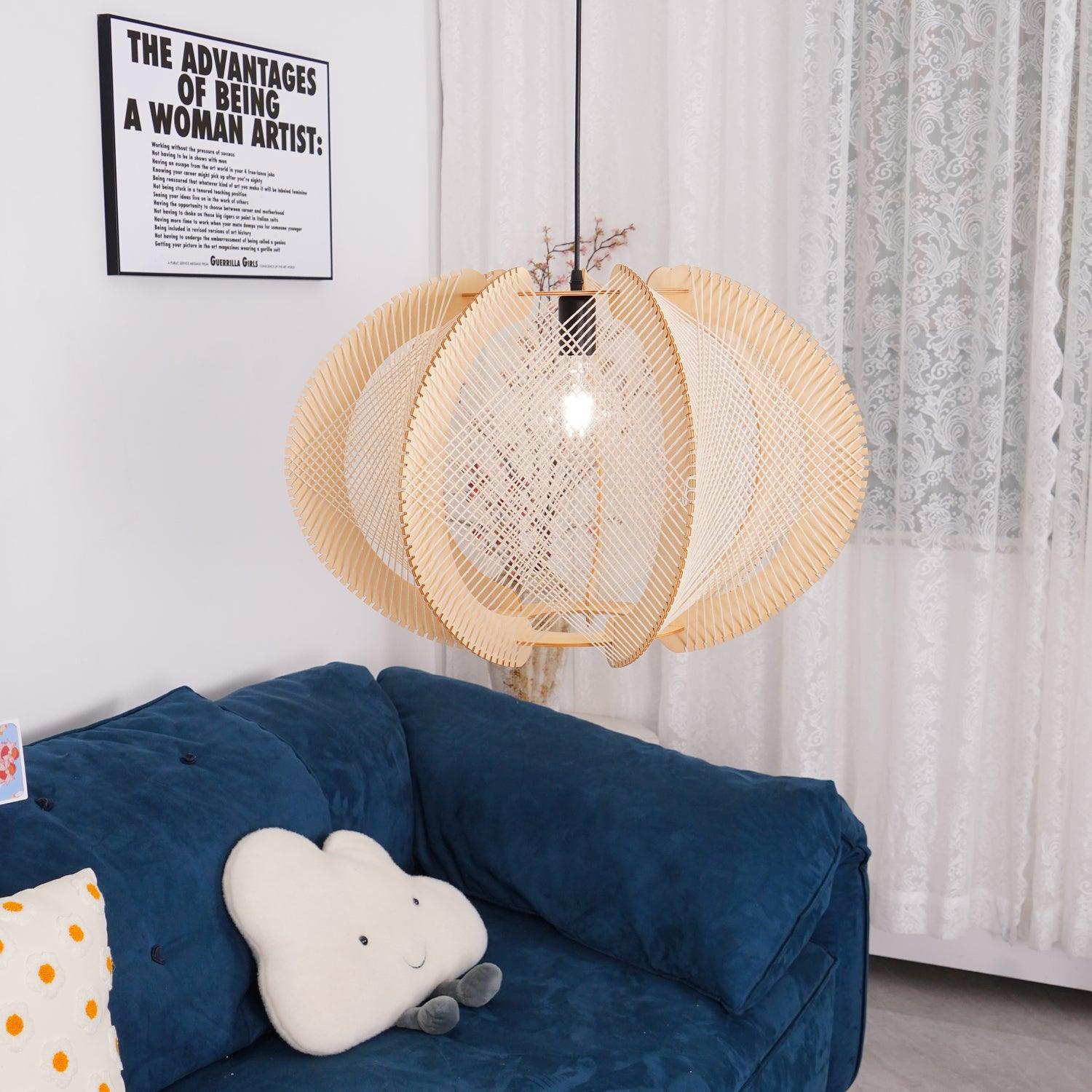 Java Natural Wood Geometric Pendant Lamp Handcrafted Ceiling Light Fixture for Indoor Home Decor