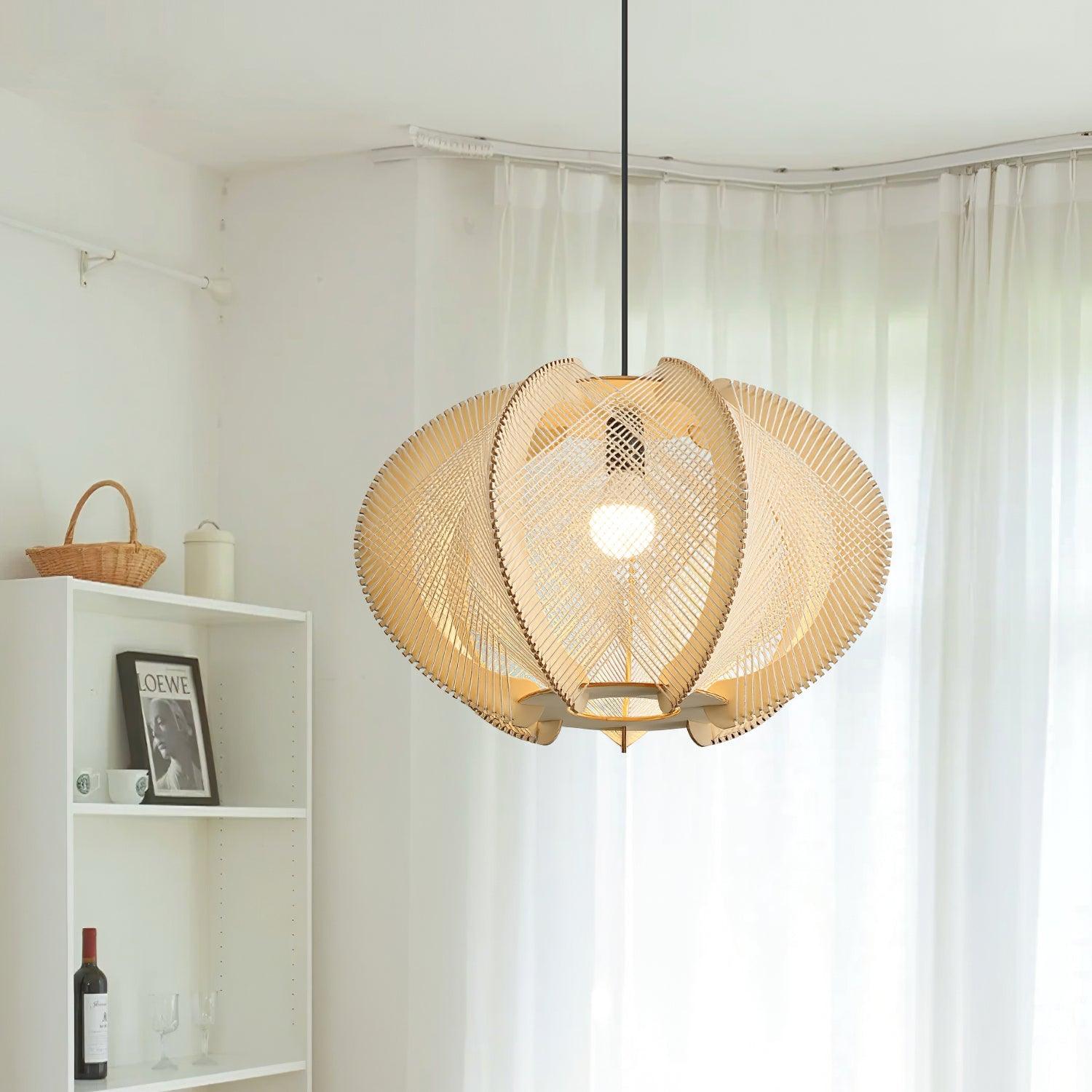 Java Natural Wood Geometric Pendant Lamp Handcrafted Ceiling Light Fixture for Indoor Home Decor
