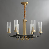 Kearney Vintage Brass Chandelier with Cylindrical Glass Shades for Living Room