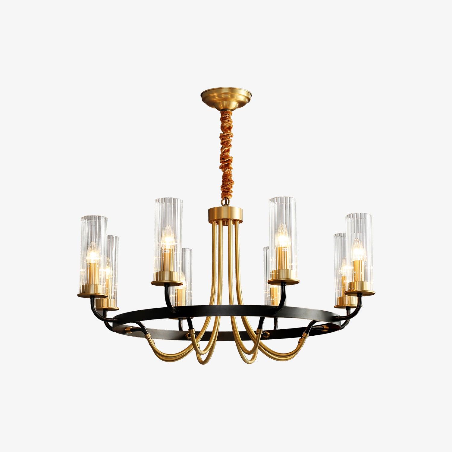 Kearney Vintage Brass Chandelier with Cylindrical Glass Shades for Living Room