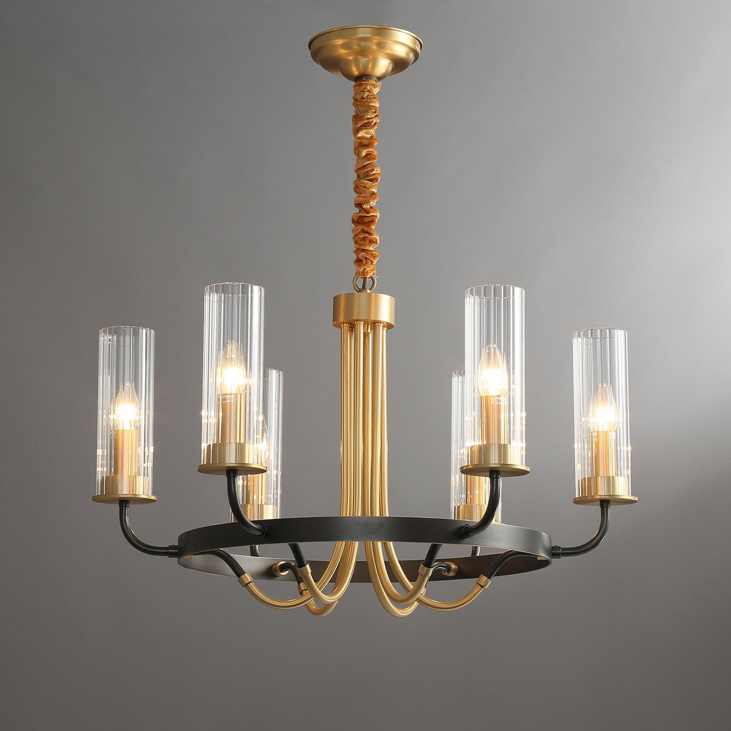 Kearney Vintage Brass Chandelier with Cylindrical Glass Shades for Living Room