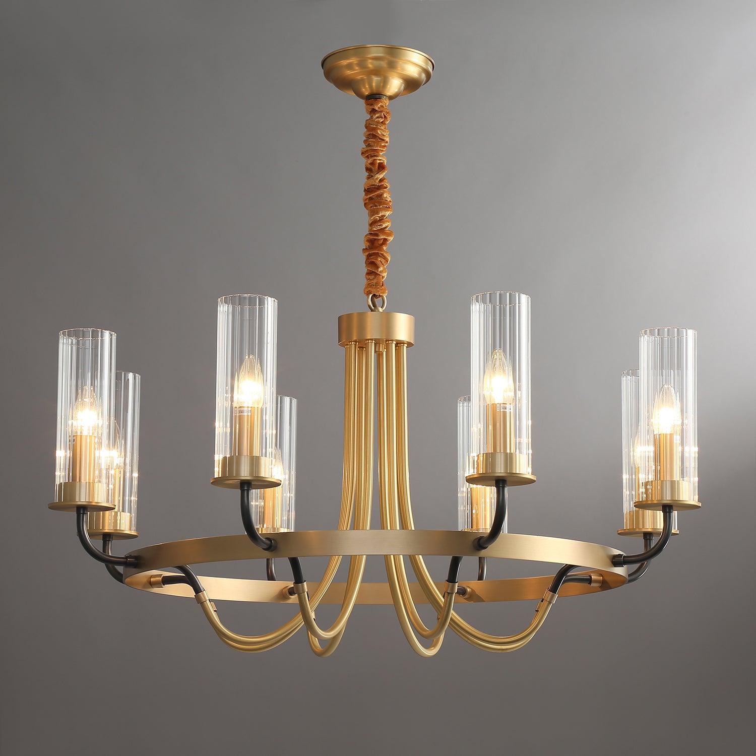Kearney Vintage Brass Chandelier with Cylindrical Glass Shades for Living Room