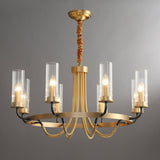 Kearney Vintage Brass Chandelier with Cylindrical Glass Shades for Living Room