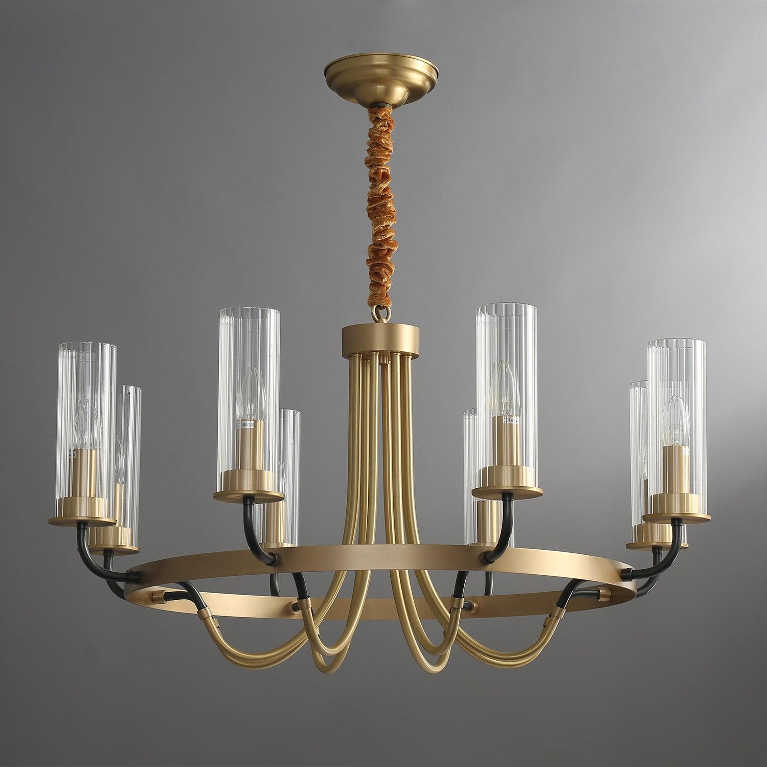 Kearney Vintage Brass Chandelier with Cylindrical Glass Shades for Living Room