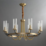 Kearney Vintage Brass Chandelier with Cylindrical Glass Shades for Living Room