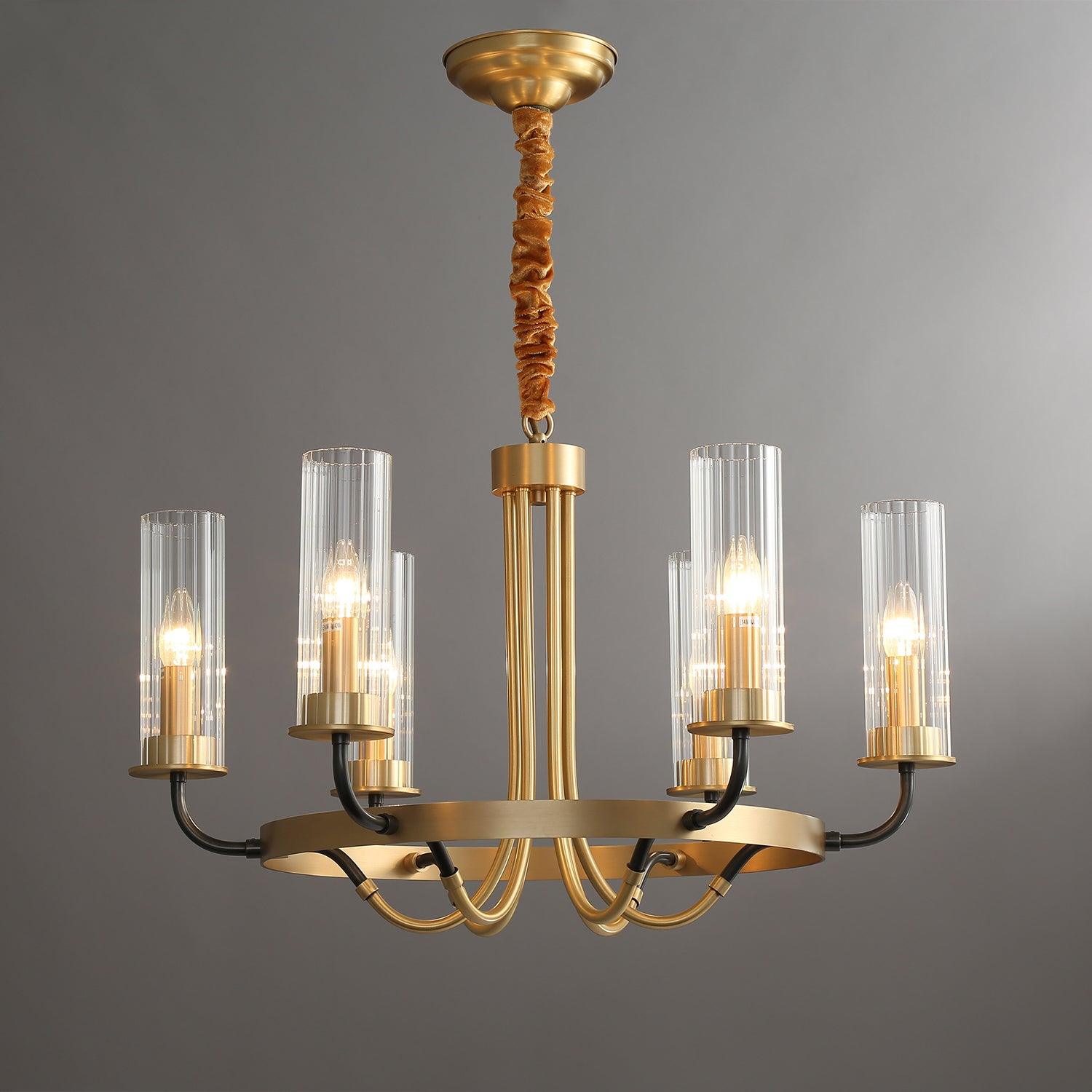 Kearney Vintage Brass Chandelier with Cylindrical Glass Shades for Living Room