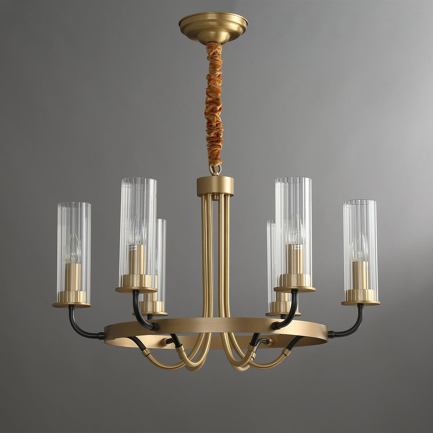 Kearney Vintage Brass Chandelier with Cylindrical Glass Shades for Living Room
