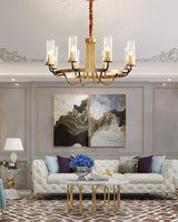 Kearney Vintage Brass Chandelier with Cylindrical Glass Shades for Living Room