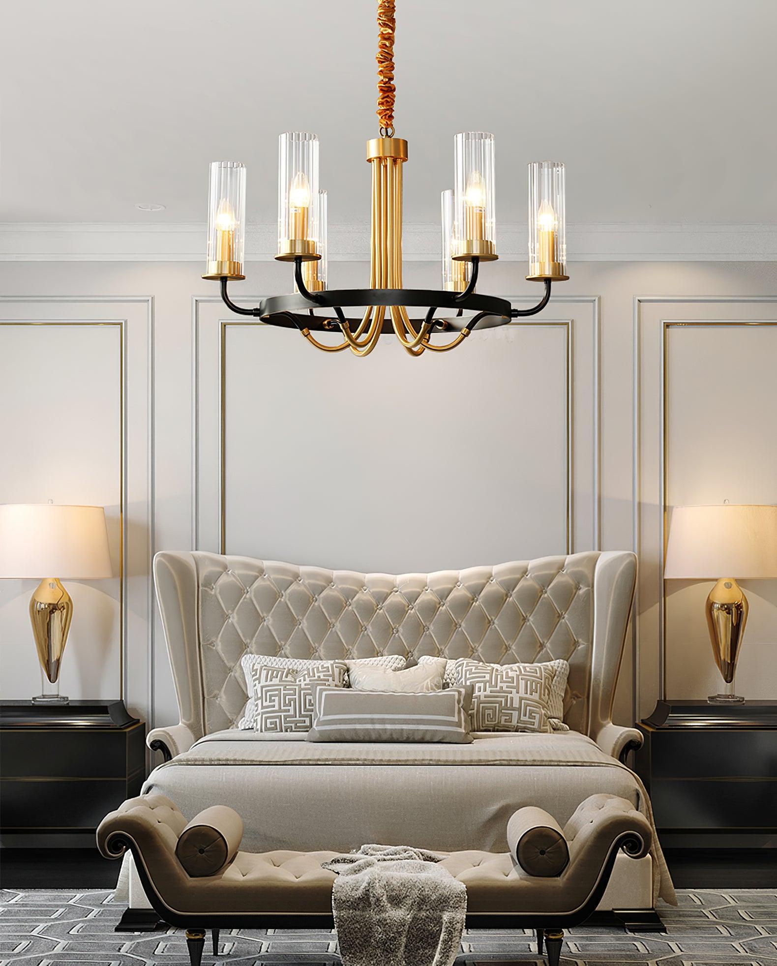 Kearney Vintage Brass Chandelier with Cylindrical Glass Shades for Living Room