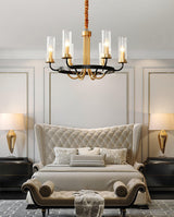 Kearney Vintage Brass Chandelier with Cylindrical Glass Shades for Living Room