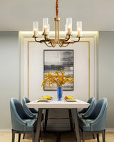 Kearney Vintage Brass Chandelier with Cylindrical Glass Shades for Living Room