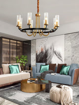 Kearney Vintage Brass Chandelier with Cylindrical Glass Shades for Living Room